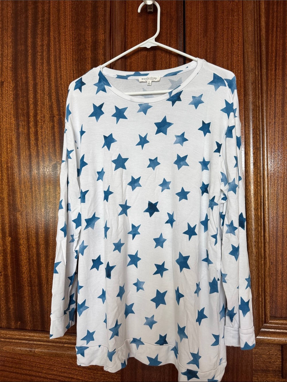 Workshop Republic Clothing White Long Sleeve Top with Blue Star Pattern